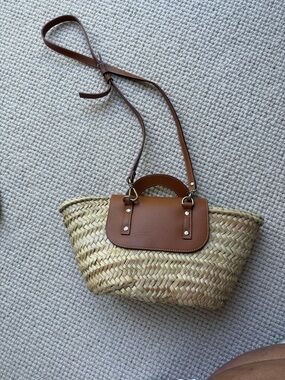 Hereu Woven Straw Tote with Tan Leather Accent and Shoulder Strap